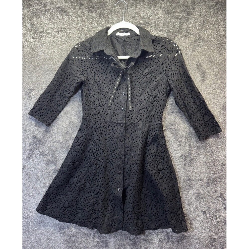 MNG Casual Eyelet‎ Lace Dress Women XS Black Good Collared Studded Bow Mini